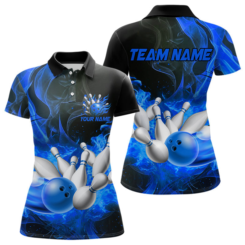 Blisscorners Black And Blue Flame Custom Bowling Shirts For Men, Flame Bowling League Shirts Outfits