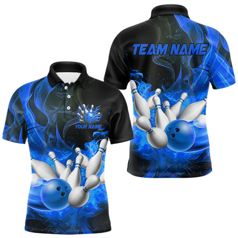 Blisscorners Black And Blue Flame Custom Bowling Shirts For Men, Flame Bowling League Shirts Outfits