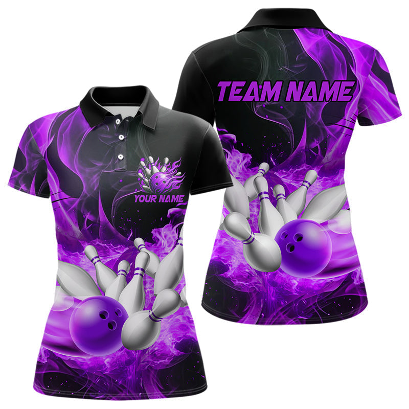 Blisscorners Black And Purple Flame Custom Bowling Shirts For Men, Flame Bowling League Shirts Outfits