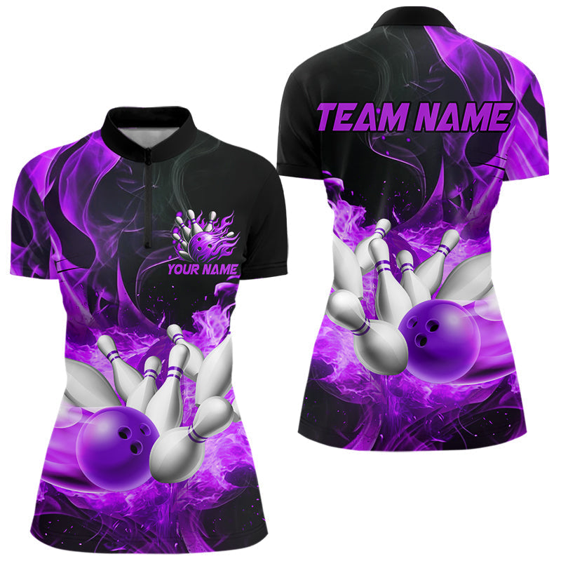 Blisscorners Black And Purple Flame Custom Bowling Shirts For Men, Flame Bowling League Shirts Outfits