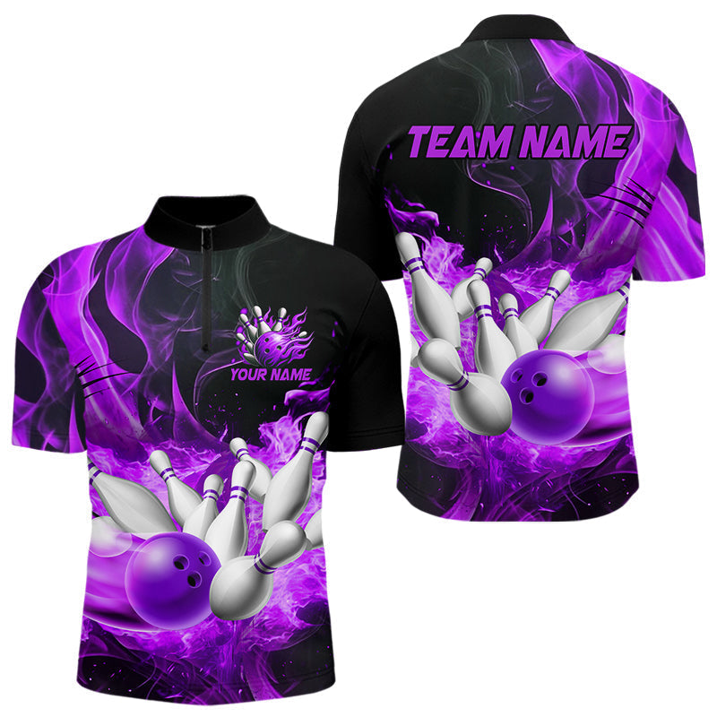 Blisscorners Black And Purple Flame Custom Bowling Shirts For Men, Flame Bowling League Shirts Outfits