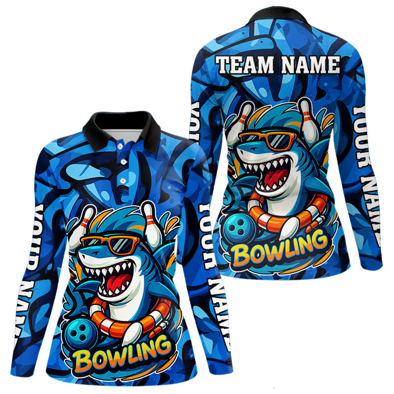 Blisscorners Funny Blue Camo Shark Men Bowling Polo, Quarter Zip Shirts Custom Team Shark Bowling Outfit Jersey