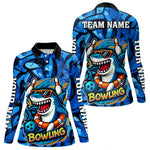 Blisscorners Funny Blue Camo Shark Men Bowling Polo, Quarter Zip Shirts Custom Team Shark Bowling Outfit Jersey