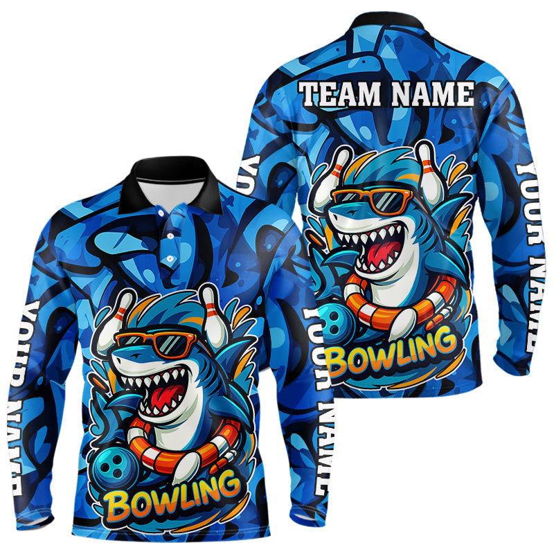 Blisscorners Funny Blue Camo Shark Men Bowling Polo, Quarter Zip Shirts Custom Team Shark Bowling Outfit Jersey