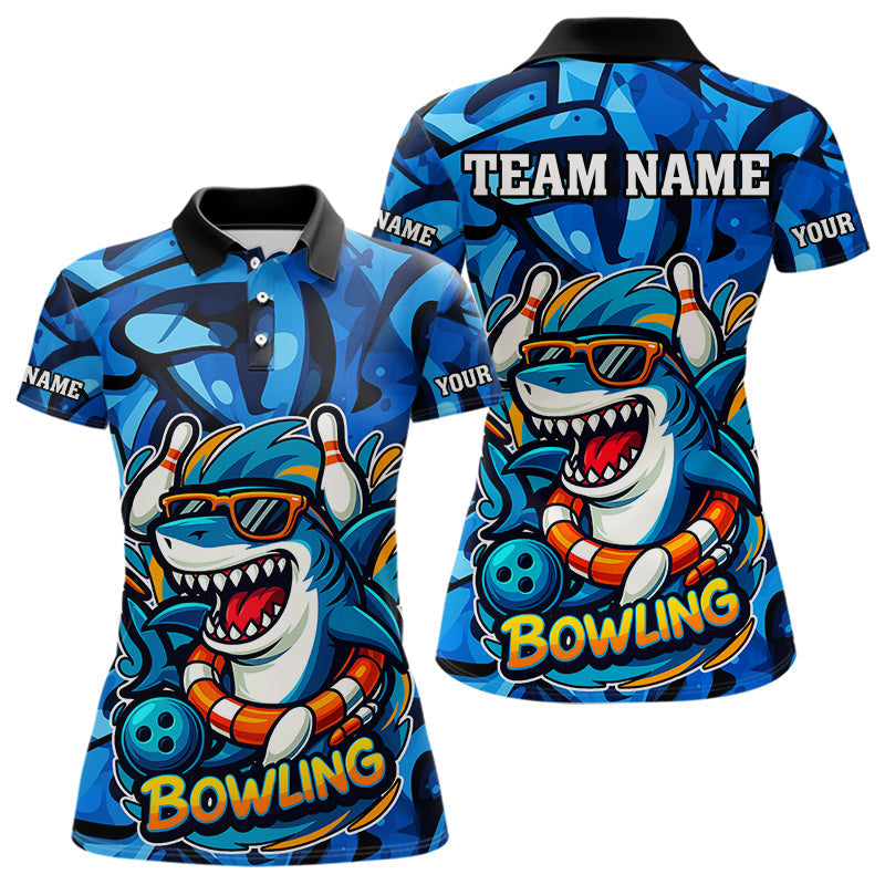 Blisscorners Funny Blue Camo Shark Men Bowling Polo, Quarter Zip Shirts Custom Team Shark Bowling Outfit Jersey