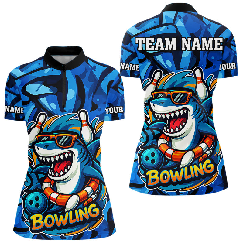 Blisscorners Funny Blue Camo Shark Men Bowling Polo, Quarter Zip Shirts Custom Team Shark Bowling Outfit Jersey