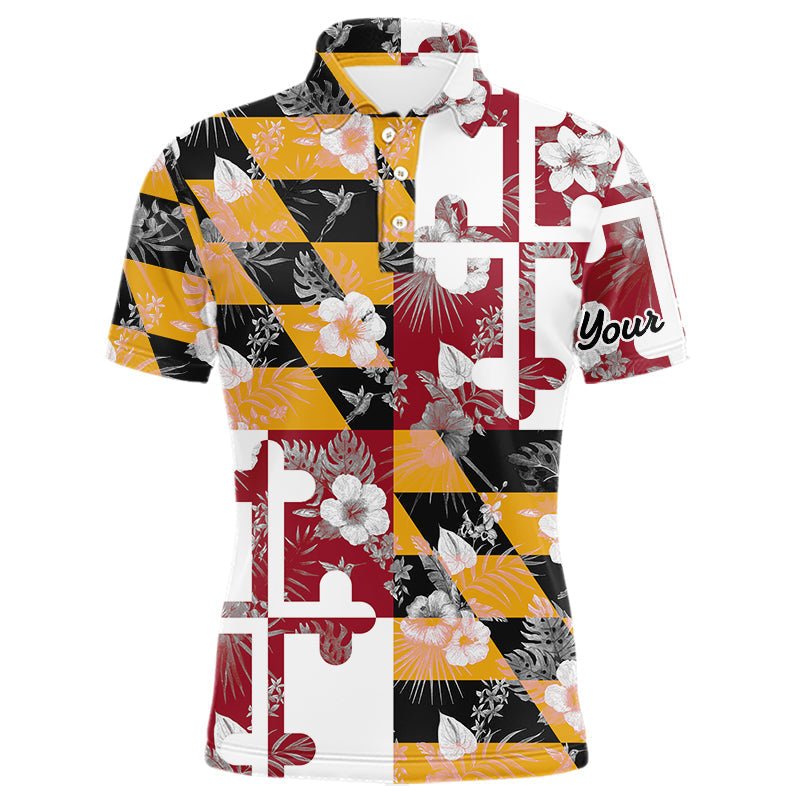 Blisscorners Maryland Flag tropical flower pattern Mens Golf polo shirts Custom mens patriotic golf shirts LM1506