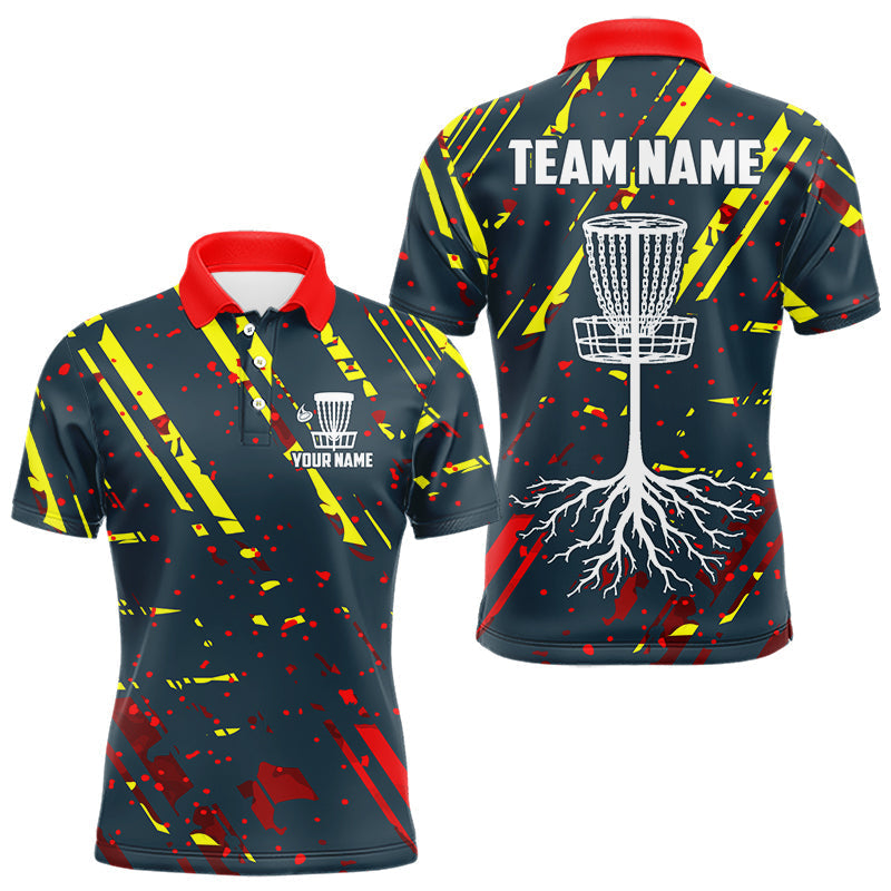 Blisscorners Blue, yellow and red background Mens Disc golf polo shirts Custom name disc golf clothing for team LM1506