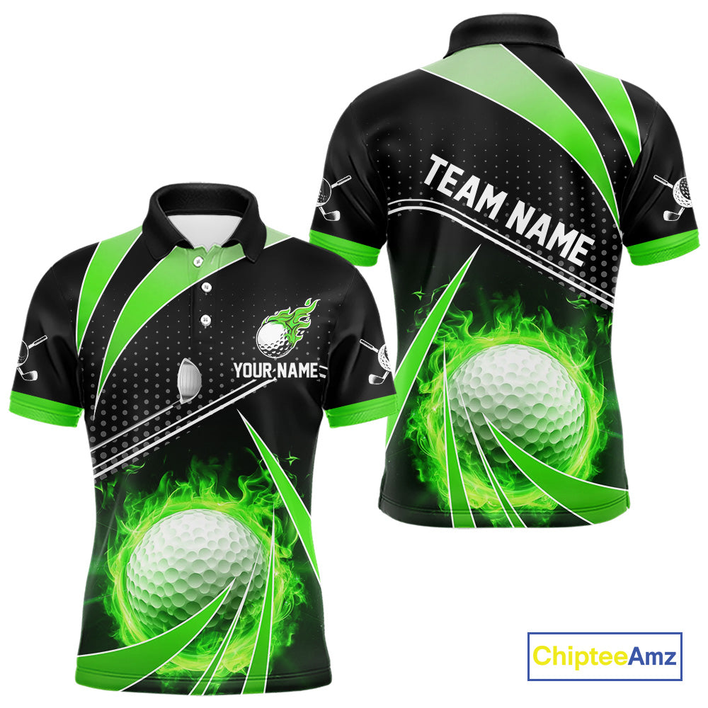 Blisscorners Black and Green Fire golf ball custom Men golf polo shirts, personalized golf outfits for team men LM2206