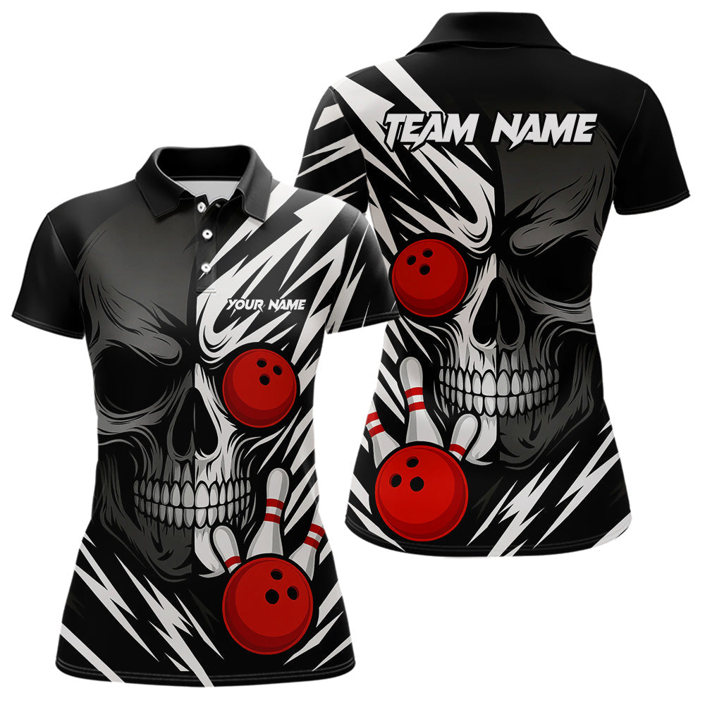 Blisscorners Black and White Skull Bowling Polo, Quarter Zip shirts for Men Custom Skull Team Bowling Jerseys LM1307