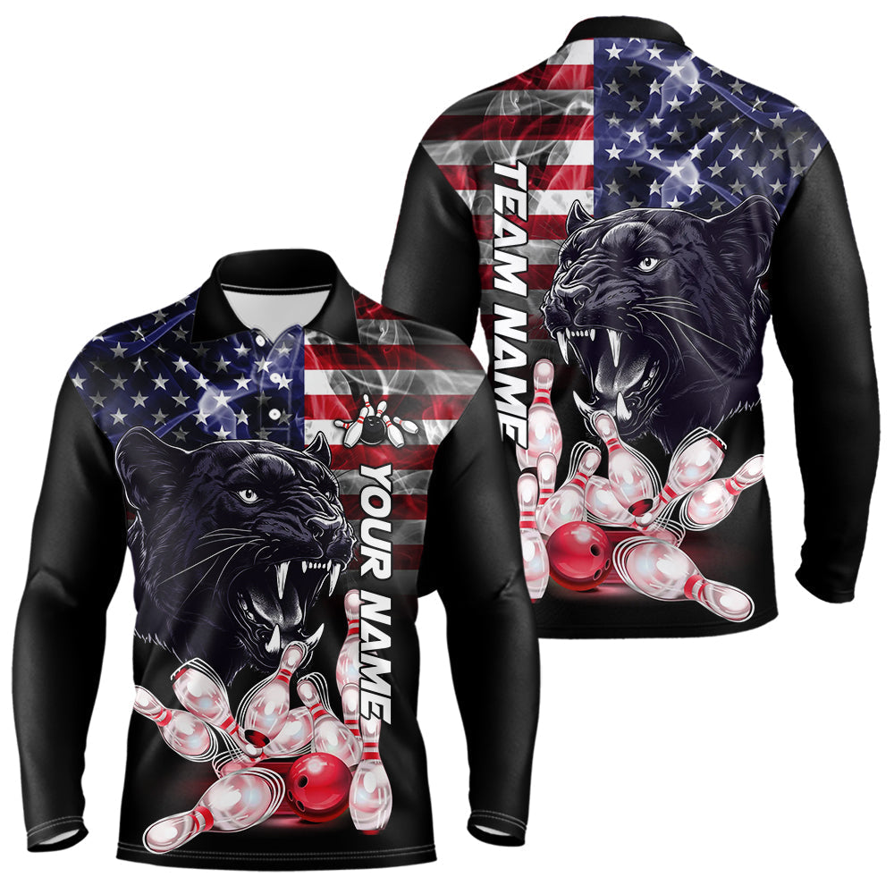 Blisscorners American Flag Panther Bowling Polo, Quarter Zip Shirts for Men Custom patriotic Team Bowling jerseys LM2007