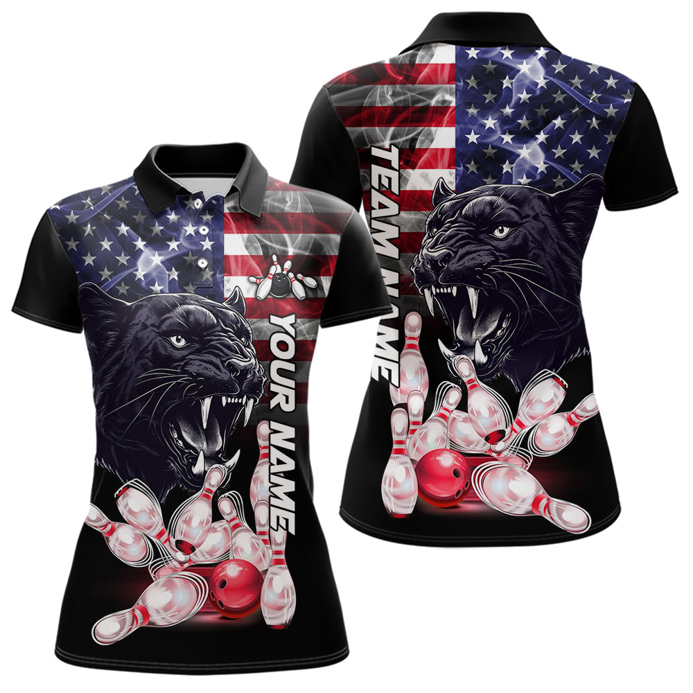 Blisscorners American Flag Panther Bowling Polo, Quarter Zip Shirts for Men Custom patriotic Team Bowling jerseys LM2007
