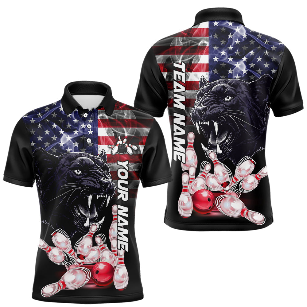 Blisscorners American Flag Panther Bowling Polo, Quarter Zip Shirts for Men Custom patriotic Team Bowling jerseys LM2007