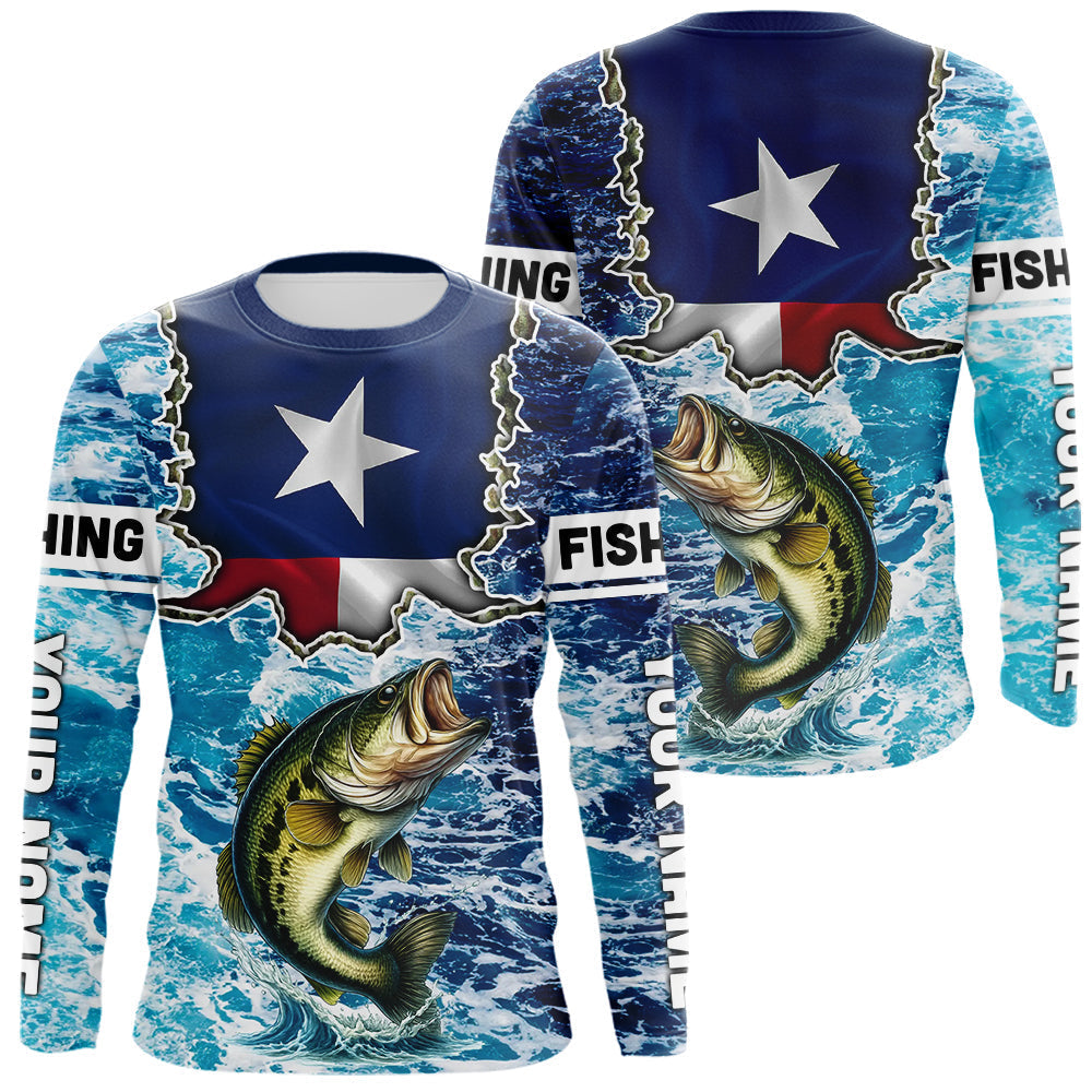 Blisscorners Texas Bass Fishing blue ocean camo custom Largemouth Bass long sleeves performance fishing shirtsLM0607