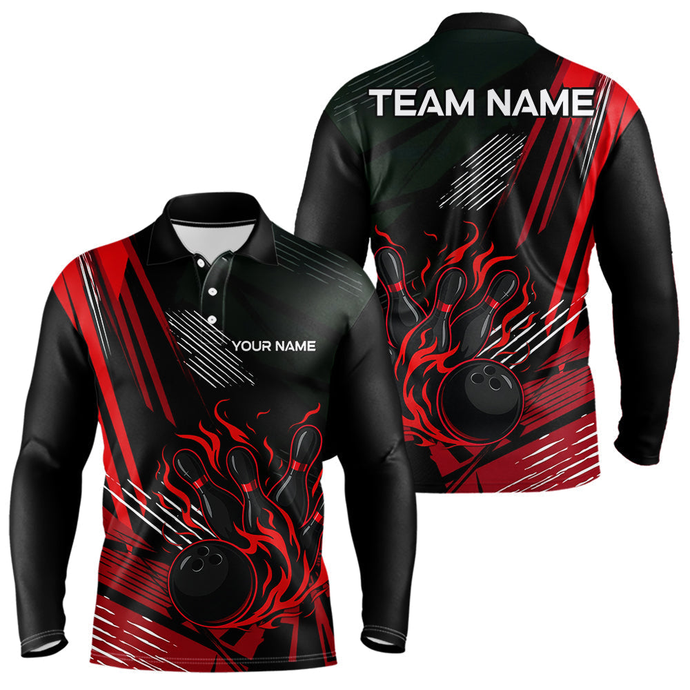 Maxxcorners Black and Red Flame Bowling Polo, Quarter Zip Shirts For Men Custom Bowling Outfit Team Jerseys MT0307