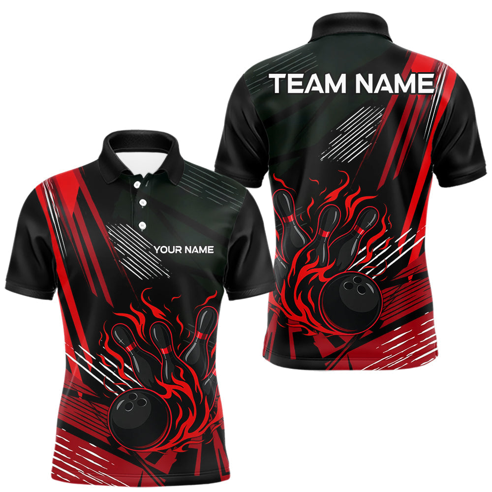 Maxxcorners Black and Red Flame Bowling Polo, Quarter Zip Shirts For Men Custom Bowling Outfit Team Jerseys MT0307