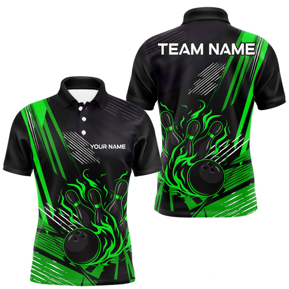 Maxxcorners Black and Green Flame Bowling Polo, Quarter Zip Shirts For Men Custom Bowling Outfit Team Jerseys MT0307