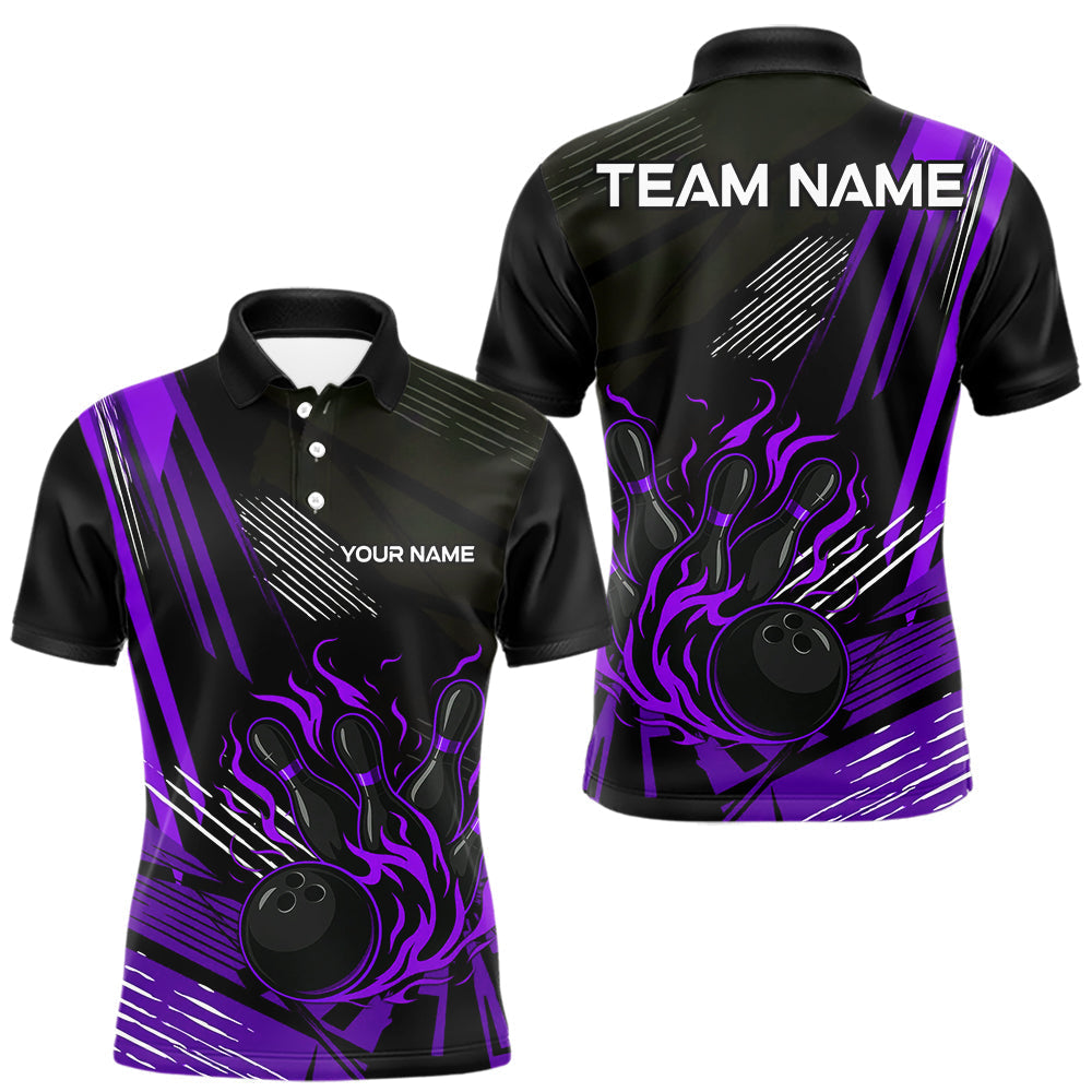 Maxxcorners Black and Purple Flame Bowling Polo, Quarter Zip Shirts For Men Custom Bowling Outfit Team Jerseys MT0307