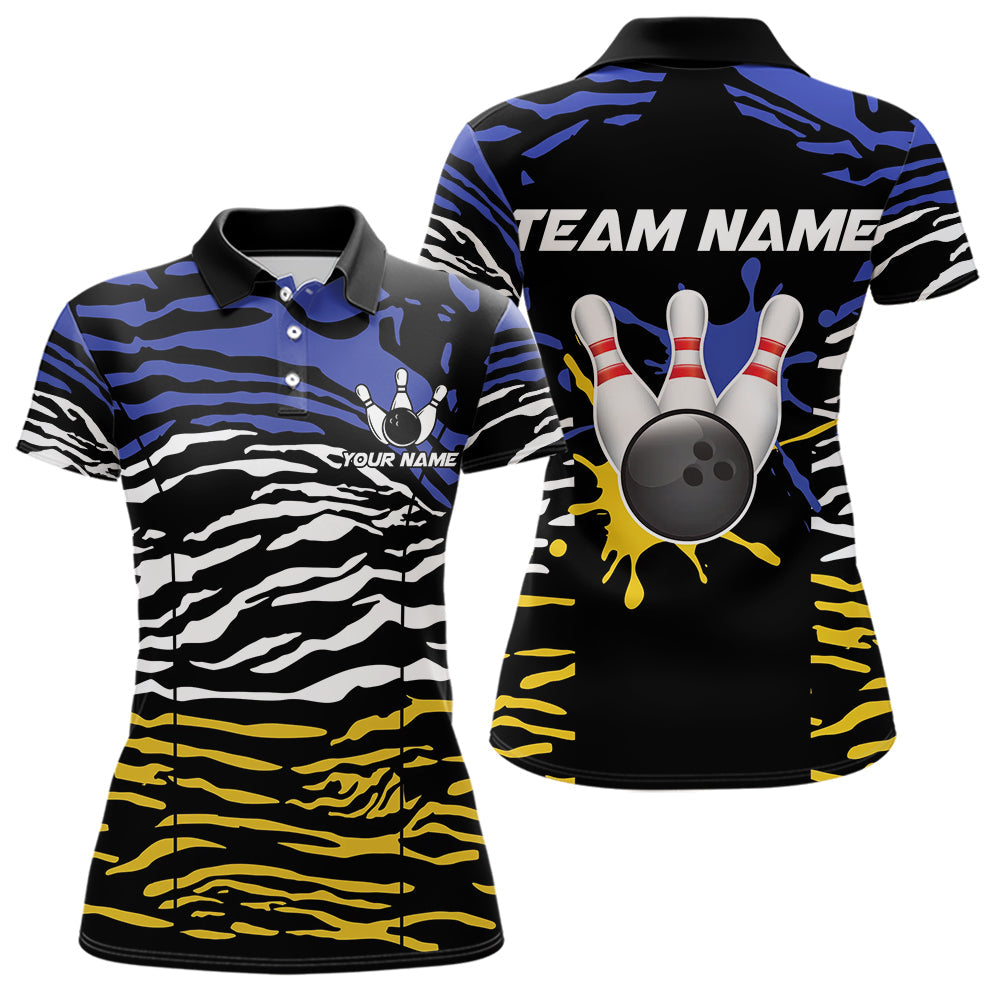 Blisscorners Blue, Yellow and White Tiger Skin Pattern Bowling Shirts For Men Custom Bowling Team jerseys