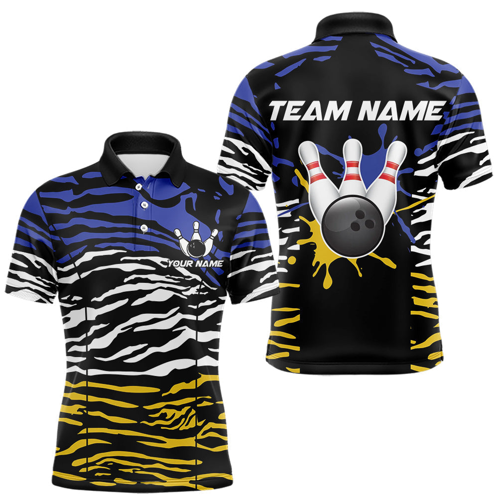 Blisscorners Blue, Yellow and White Tiger Skin Pattern Bowling Shirts For Men Custom Bowling Team jerseys