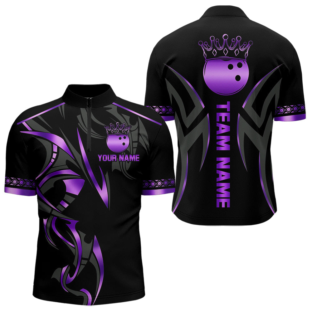 Blisscorners Black and Purple crown Bowling ball Polo, Quarter Zip Shirts for Men Custom Bowling Team jerseys MT0306