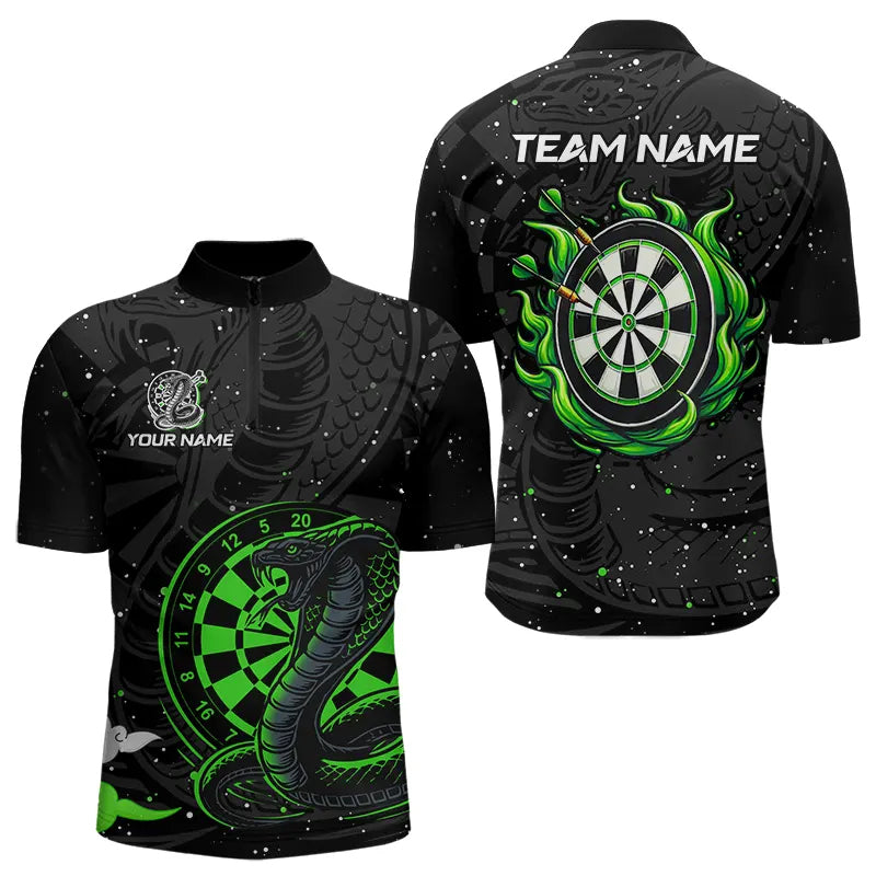 Blisscorners Black And Green Cobra Snake Darts Polo, Quarter Zip Shirts For Men Custom Name Darts Team Jerseys
