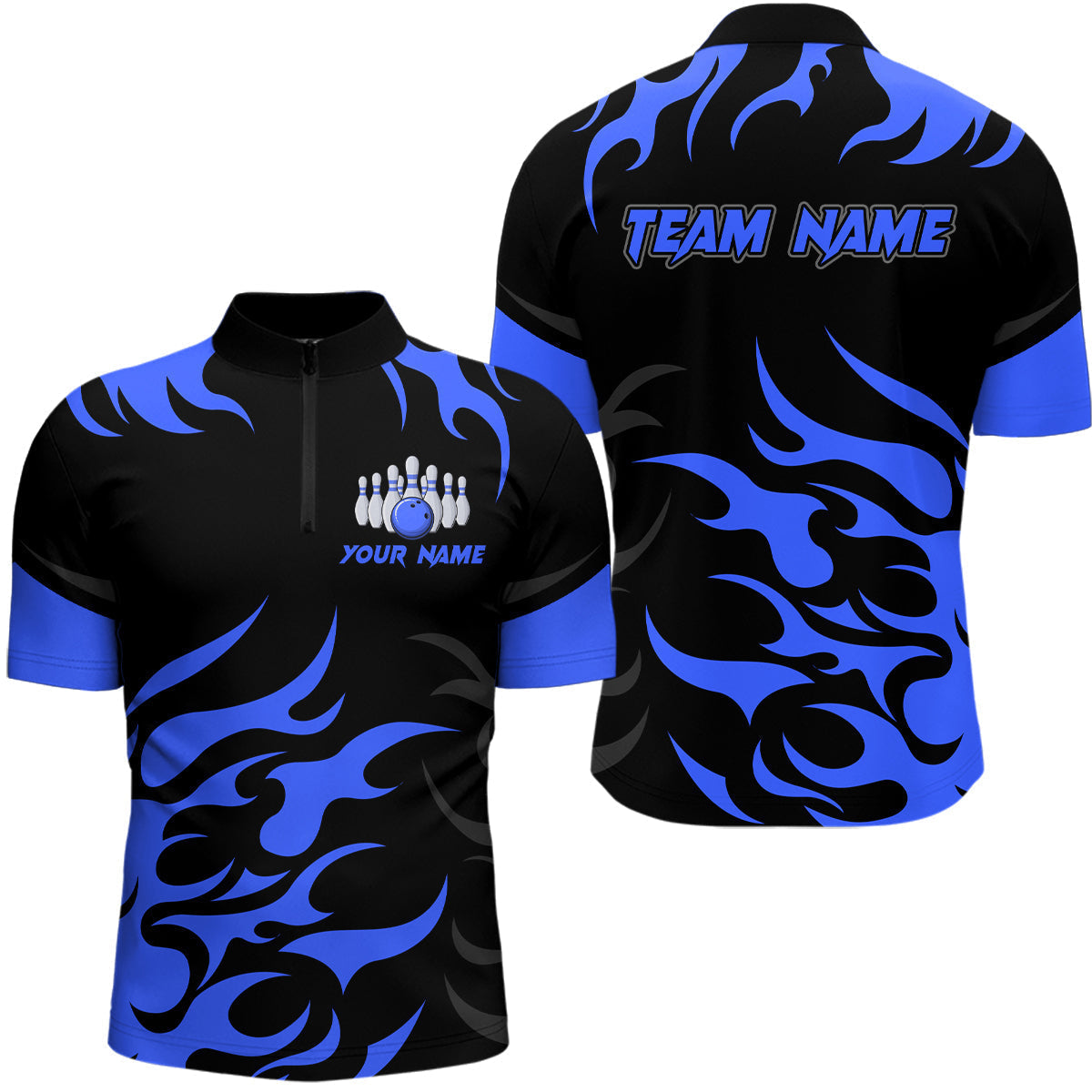 Blisscorners Black and Blue Flame Bowling shirts for Men Custom team bowling jerseys, mens bowling apparel LM1307