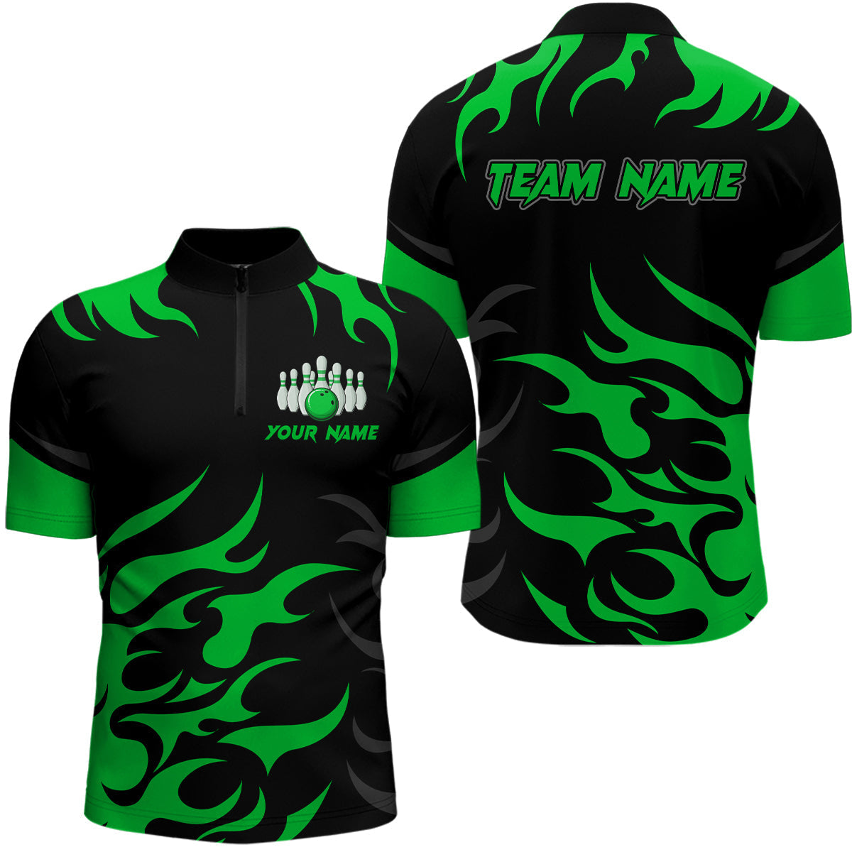 Blisscorners Black and Green Flame Bowling shirts for Men Custom team bowling jerseys, mens bowling apparel LM1307