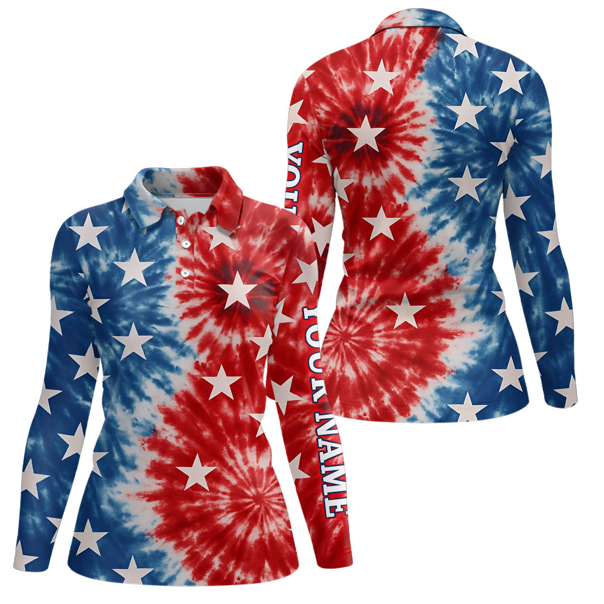 Blisscorners American Flag Tie dye pattern Mens golf polo shirts custom name patriotic golf attire for mens