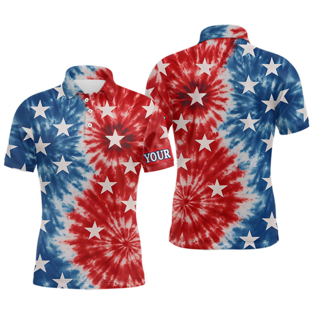 Blisscorners American Flag Tie dye pattern Mens golf polo shirts custom name patriotic golf attire for mens