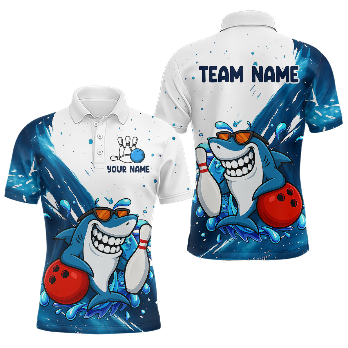 Blisscorners White and Blue Camo Shark Bowling polo, quarter zip shirts for Men Custom funny bowling team shirts MT707