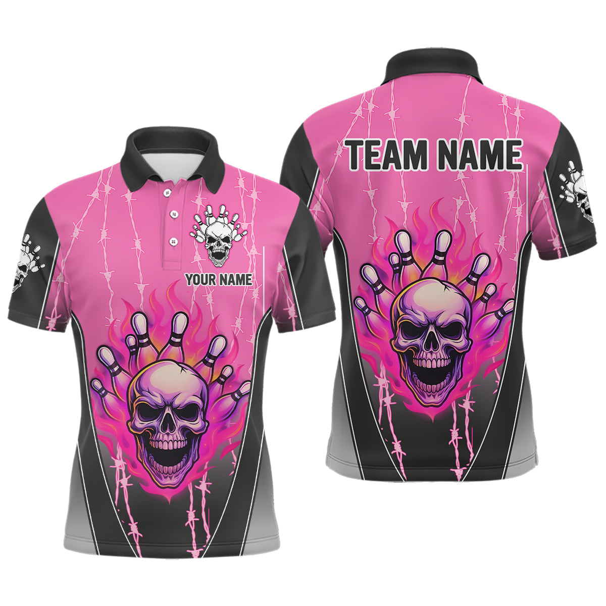 Maxxcorners Black and pink flame skull Bowling Polo, 1/4 Zip Shirt for men Custom Team Bowling League Jersey MT0307