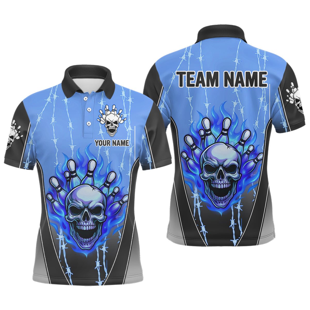 Maxxcorners Black and blue flame skull Bowling Polo, 1/4 Zip Shirt for men Custom Team Bowling League Jersey MT0307