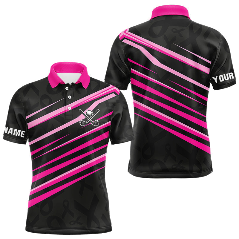 Blisscorners Pink and Black ribbon pattern Men golf polo shirts Custom breast cancer golf attire for men LM2206