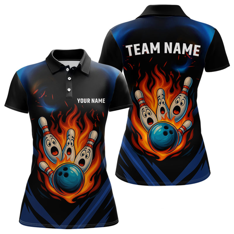 Blisscorners Blue and Black Flame Bowling shirts for Men custom funny bowling ball and pins team bowler jerseys LM1307