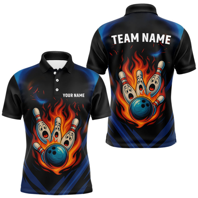 Blisscorners Blue and Black Flame Bowling shirts for Men custom funny bowling ball and pins team bowler jerseys LM1307