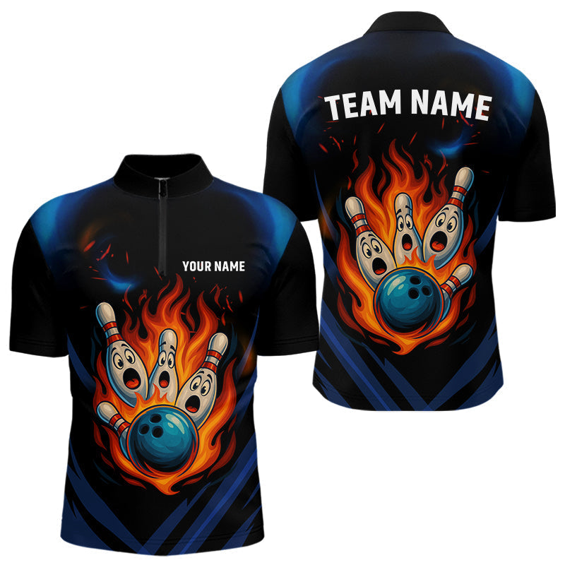 Blisscorners Blue and Black Flame Bowling shirts for Men custom funny bowling ball and pins team bowler jerseys LM1307