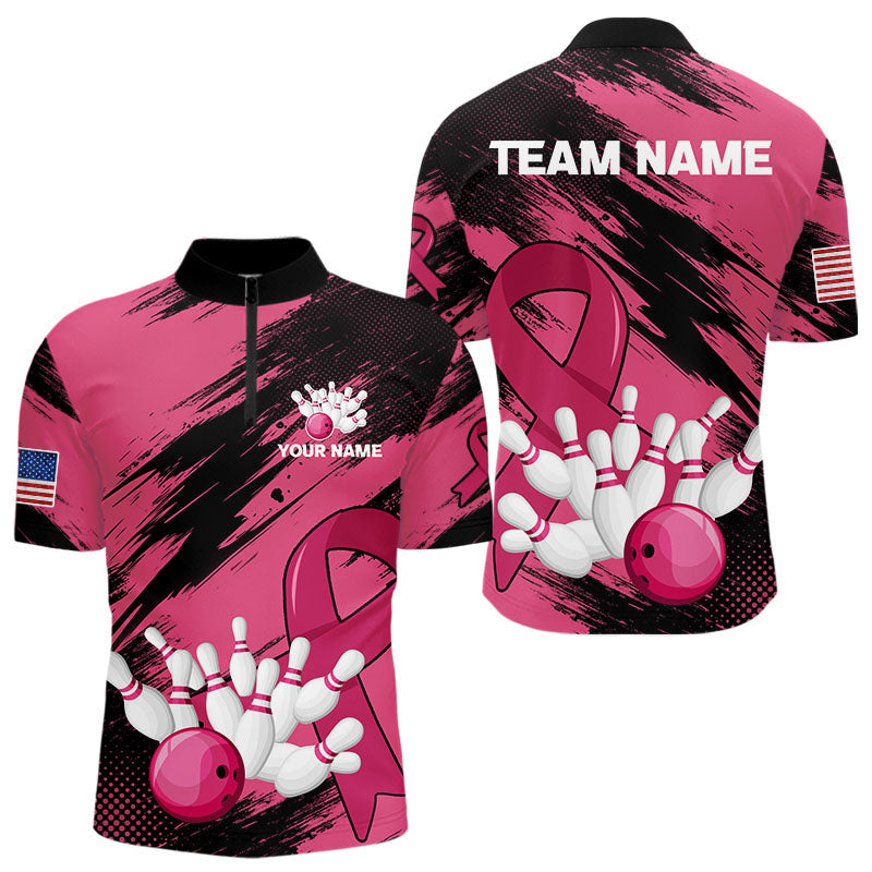 Blisscorners Black and Pink ribbon Bowling shirts for Men Custom breast cancer American flag bowling team jersey MT2306