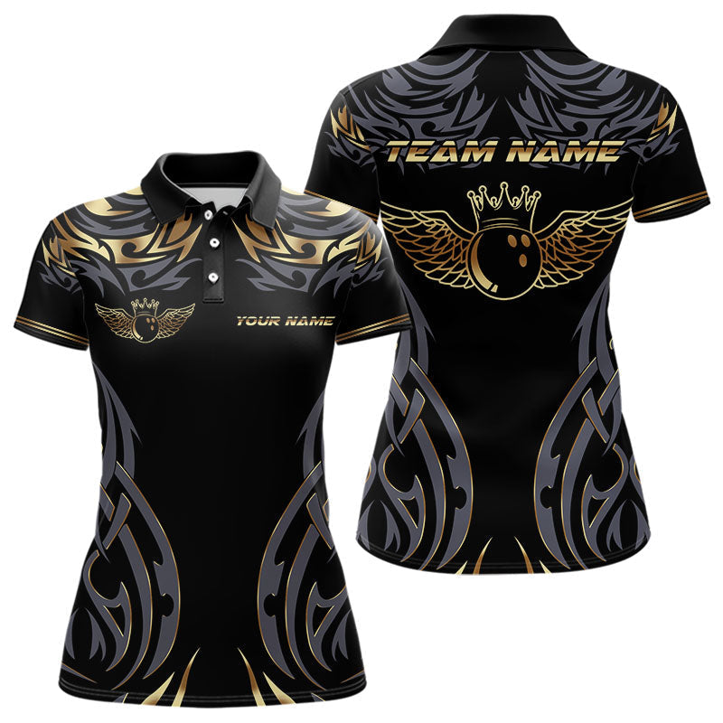 Blisscorners Personalized Black And Gold tribal pattern Bowling Shirts For Men, angel wings Bowling Team jerseys LM2007