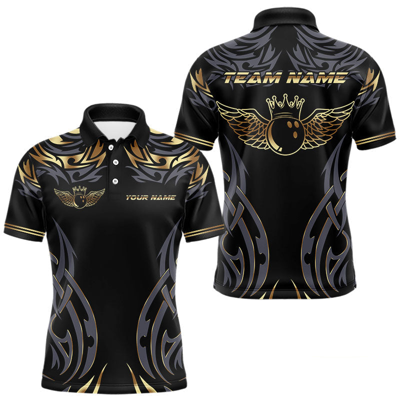 Blisscorners Personalized Black And Gold tribal pattern Bowling Shirts For Men, angel wings Bowling Team jerseys LM2007