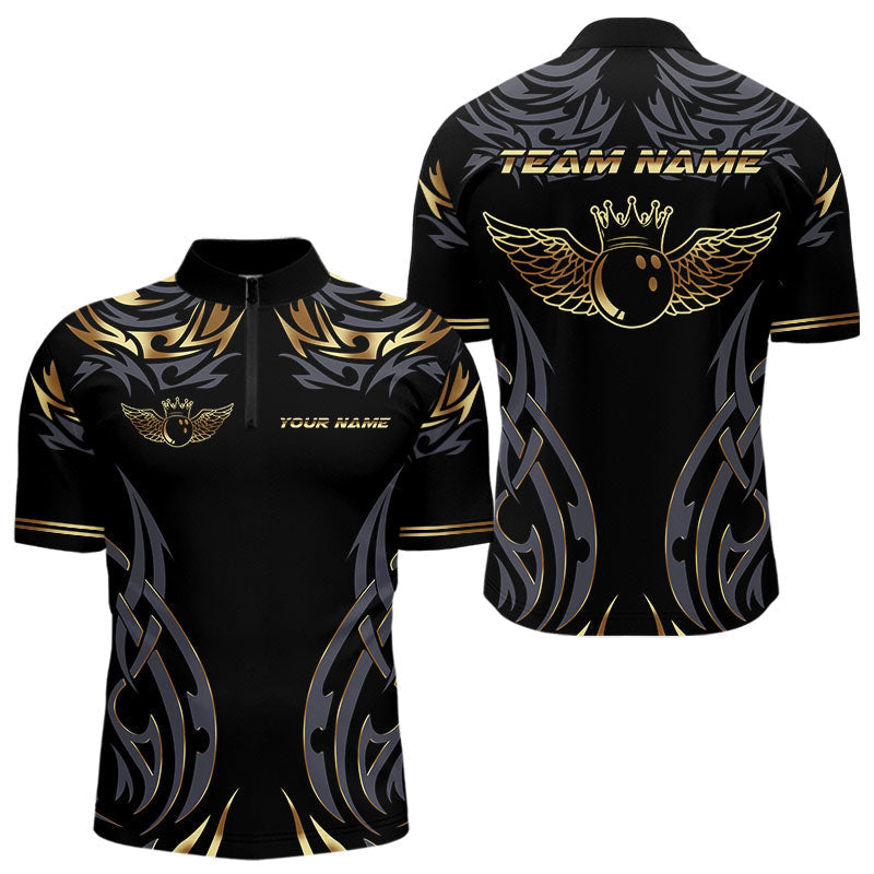 Blisscorners Personalized Black And Gold tribal pattern Bowling Shirts For Men, angel wings Bowling Team jerseys LM2007