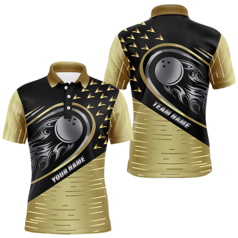 Blisscorners Black and Gold Flame Bowling ball Polo, Quarter Zip Shirts for Men Custom Bowling Team jerseys