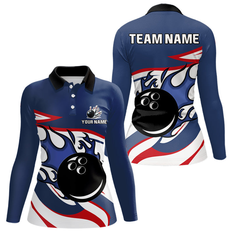 Blisscorners Red, White and Blue Flame bowling ball polo, 1/4 zip shirts for Men Custom patriotic Bowling Outfit