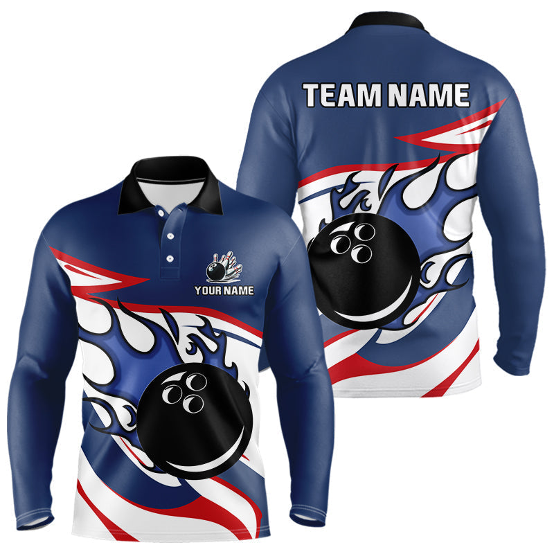 Blisscorners Red, White and Blue Flame bowling ball polo, 1/4 zip shirts for Men Custom patriotic Bowling Outfit