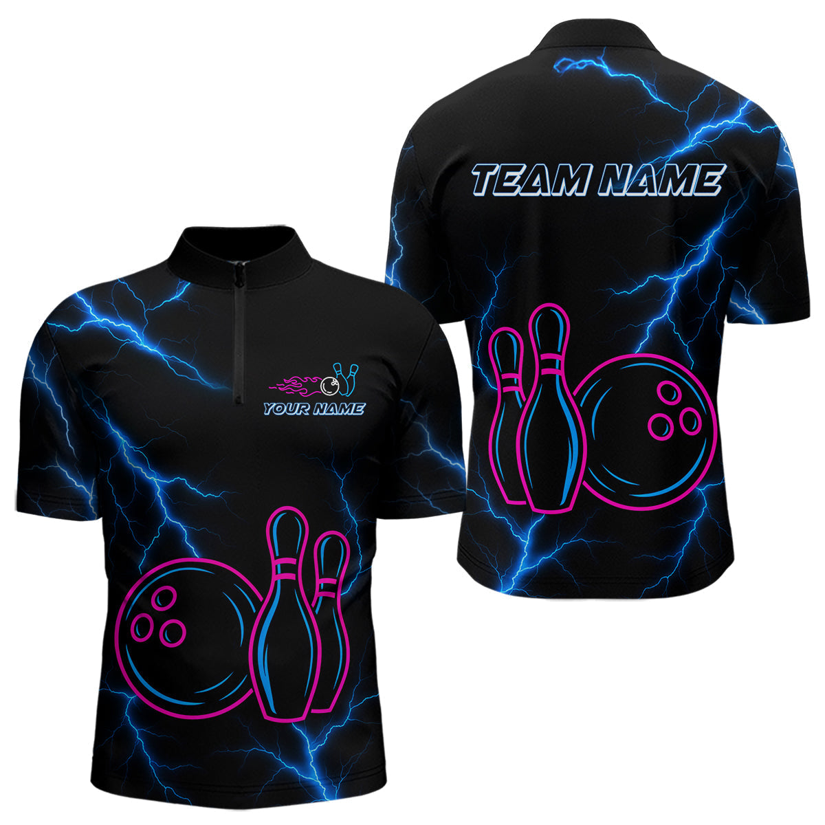 Blisscorners Blue lightning thunder pink neon Bowling Polo, Quarter Zip Shirts For Men Custom Bowling Team Jersey LM3006