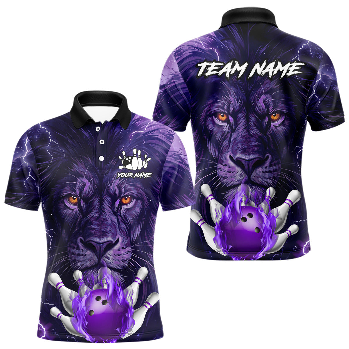 Blisscorners Purple Lightning thunder Flame Lion Bowling Polo, 1/4 Zip shirts for Men Custom bowling team jerseys LM3006