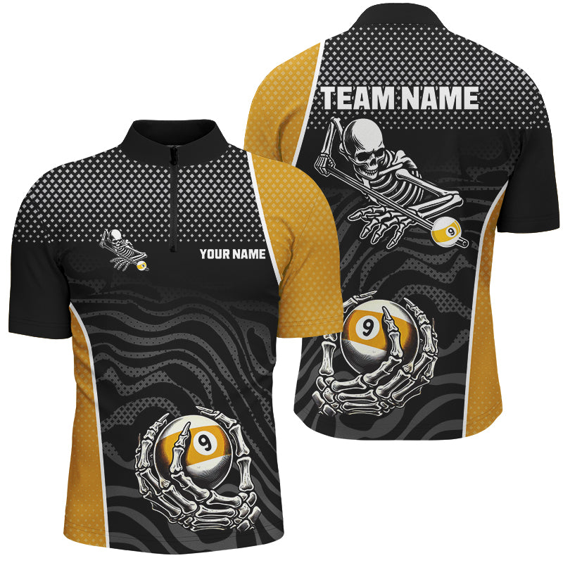 Blisscorners 9 Ball Skeleton Custom Billiard Polo & 1/4 Zip Shirts For Men, Funny 9 Ball Pool Billiard Jerseys