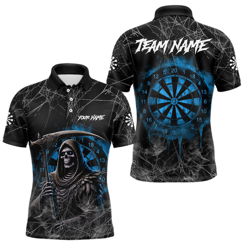 Blisscorners Black And Blue Grim Reaper Smoke Funny Dart Shirts For Men Custom Dart Jerseys, Darts Clothing