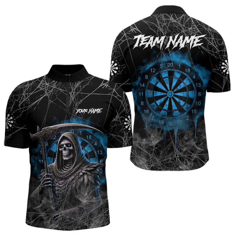 Blisscorners Black And Blue Grim Reaper Smoke Funny Dart Shirts For Men Custom Dart Jerseys, Darts Clothing