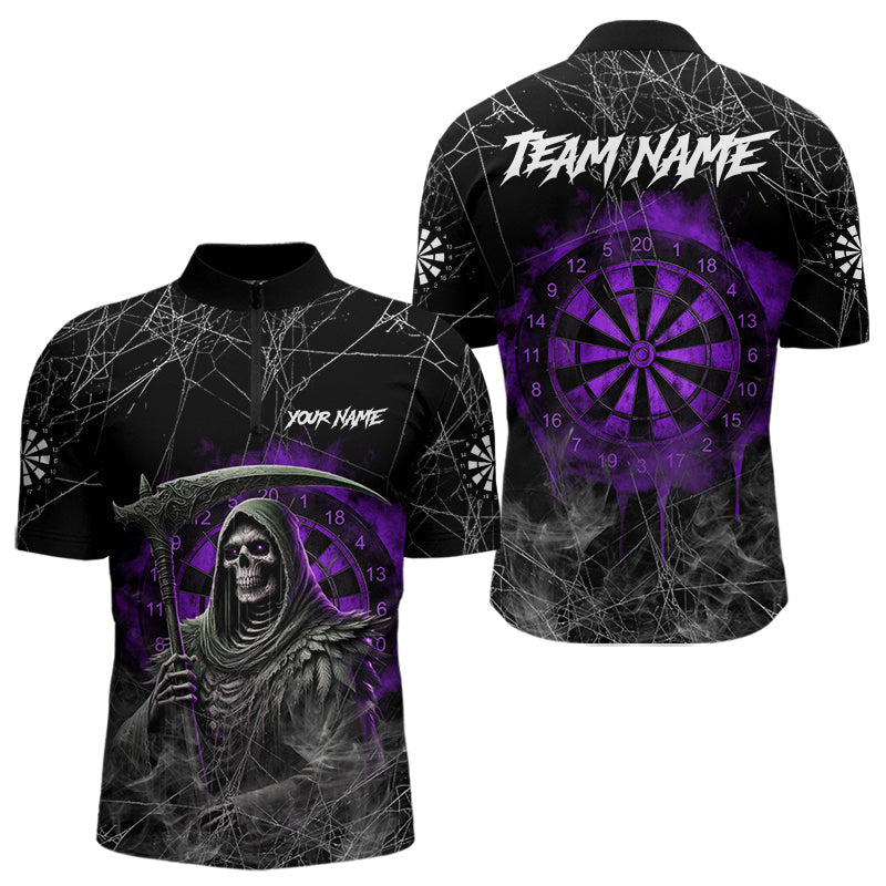 Blisscorners Black And Purple Smoke Grim Reaper Funny Dart Shirts For Men Custom Dart Jerseys, Darts Clothing